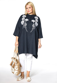 Blouse wide embroider LINEN - blue - #1