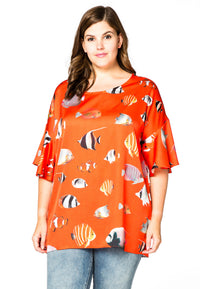 Blouse wide frilled sleeves FISHES - orange - #2