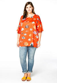 Blouse wide frilled sleeves FISHES - orange - #1