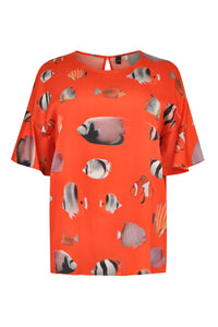 Blouse wide frilled sleeves FISHES - orange - #4