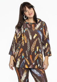 Shirt A-line turtle neck FEATHERS - brown - #1