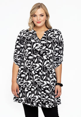 Tunic grandad collar LEAVES - black  - #1