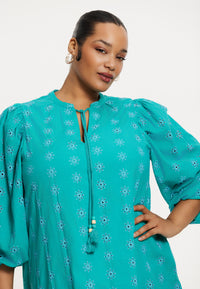 Dress long sleeves COTTON - turquoise - #3