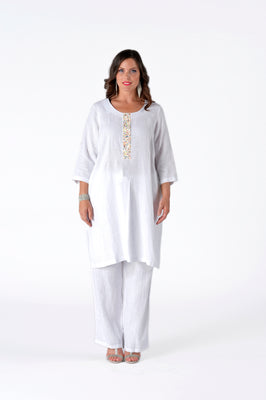 Dress beaded placket LINEN - white  - #2